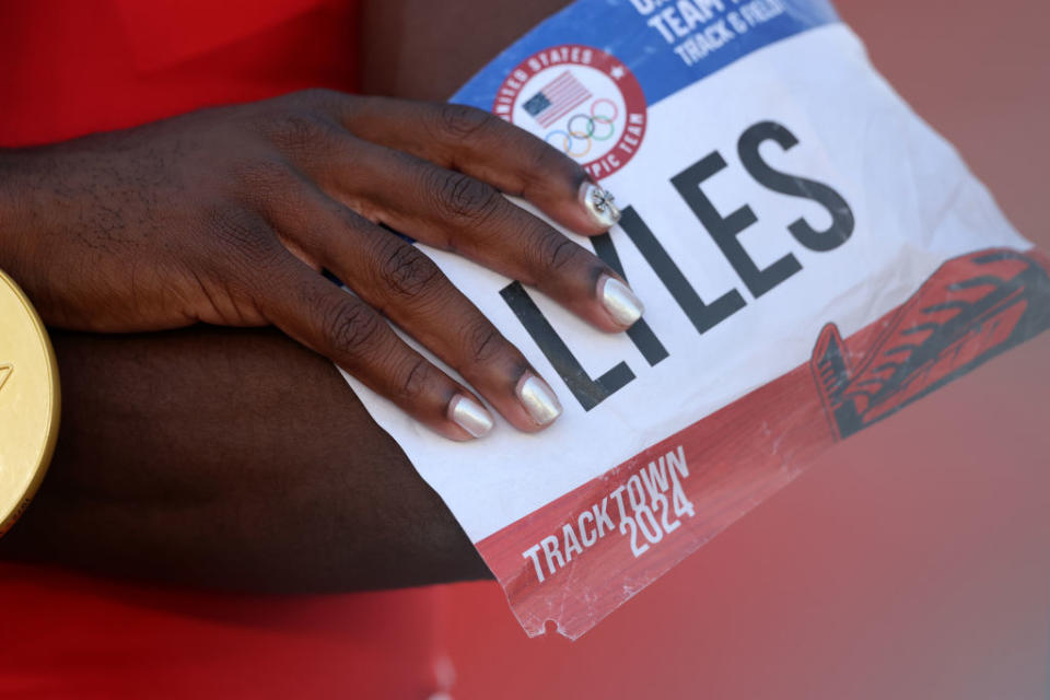 Noah Lyles at the U.S. Olympic track and field trials on June 23 in Eugene, Oregon, manicure, nail art,  painted nails 