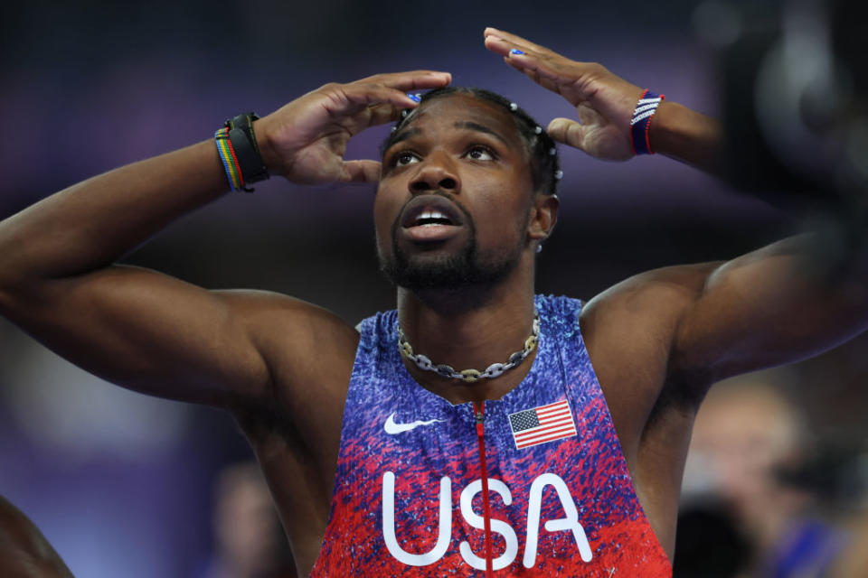 PARIS, FRANCE - AUGUST 04: Noah Lyles of Team United States  reacts after competing in the Men's 100m Final on day nine of the Olympic Games Paris 2024 at Stade de France on August 04, 2024 in Paris, France. (Photo by Pascal Le Segretain/Getty Images)