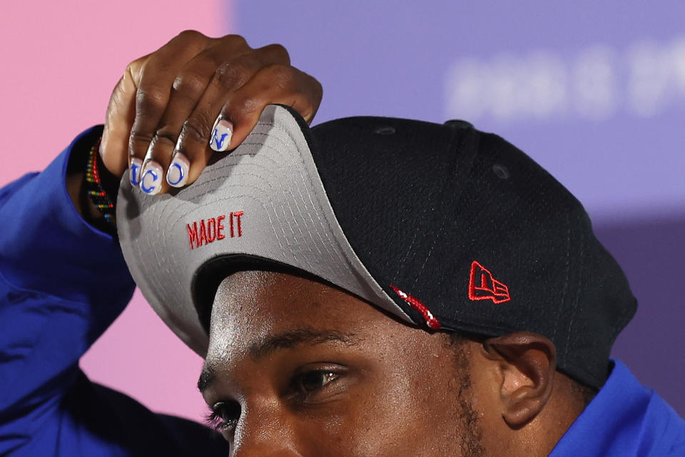 Noah Lyles during a press conference at the 2024 Paris Olympics on July 29, nail art, manicure,  painted nails 