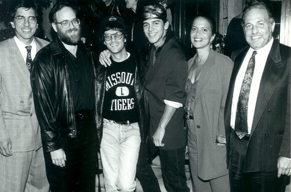 From the left Peter Lopez, Ted Field, Jimmy Iovine, Gerardo, Sylvia Rhone, Doug Morris at the “Rico Suave” record release party