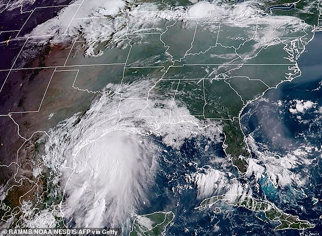 A satellite image of a tropical storm off the coastline of the US state of Texas