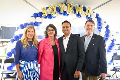 Local community and business leaders including Heather Hoytink, South Division President, PepsiCo Beverages North America (PBNA); Mary Esther Reed, Mayor of Smyrna; Ram Krishnan, CEO, PBNA and Tennessee State Senator Shane Reeves gather at the ceremonial ribbon-cutting for PBNA’s new state-of-the-art distribution facility – the company’s largest in the Southeast – in Smyrna, Tenn. on Tuesday, August 6, 2024.  (Photo by John Amis / PepsiCo Beverages North America / AP Images)