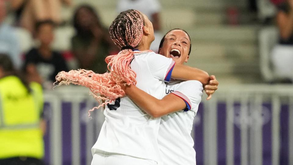 PHOTO: Trinity Rodman of the U.S. celebrates scoring with teammate Mallory Swanson against Zambia during their women's group B soccer match at the Paris 2024 Olympics, July 25, 2024, in Nice, France. (Brad Smith/ISI/Getty Images)