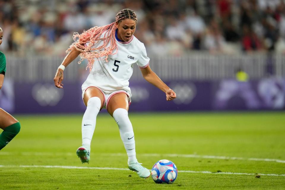 PHOTO: United States' Trinity Rodman controls the ball before scoring a goal during a women's group B match between the United States and Zambia at Nice Stadium at the 2024 Summer Olympics, July 25, 2024, in Nice, France.  (Julio Cortez/AP)