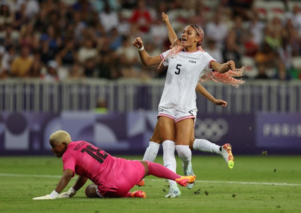 PHOTO: Trinity Rodman of the U.S scores her team's first goal against Zambia in their women's group B soccer match at the Paris 2024 Olympics, July 25, 2024, in Nice, France. (Raquel Cunha/Reuters)