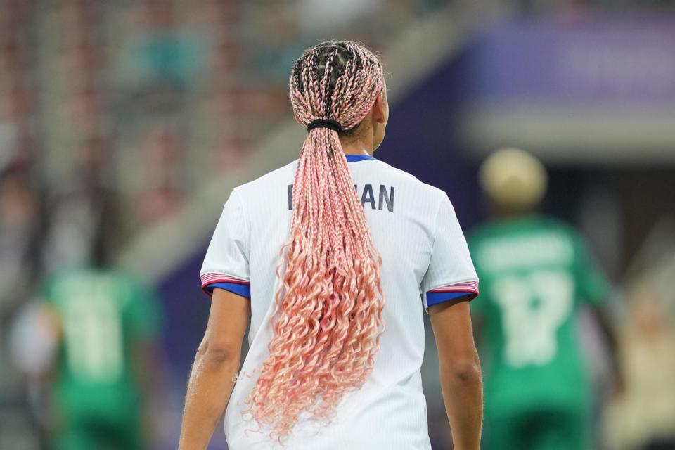 PHOTO: Trinity Rodman of the United States during the first half of their women's group B match against Zambia during the 2024 Paris Olympics, July 25, 2024, in Nice, France.  (John Todd/ISI/Getty Images)