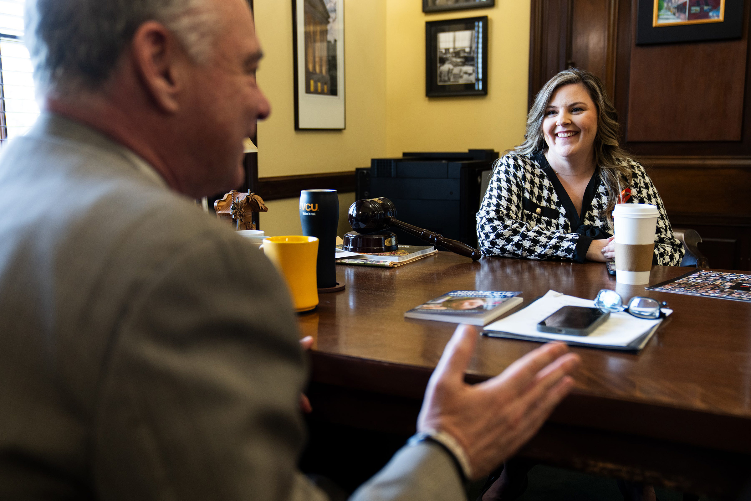 Elizabeth Carr speaks with Sen. Tim Kaine in Washington, D.C., on March 7, 2024, the day before the State of the Union, where Carr will attend as Sen. Kaine's guest.