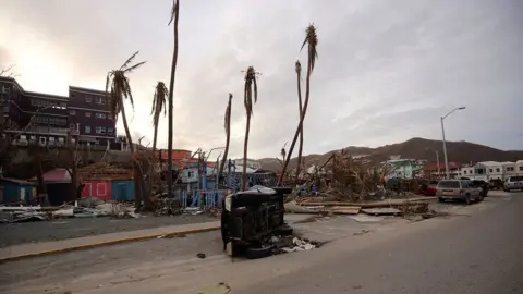 Paul Blake/BBC Damaged houses, felled trees and an overturned vehicle on British Virgin Islands