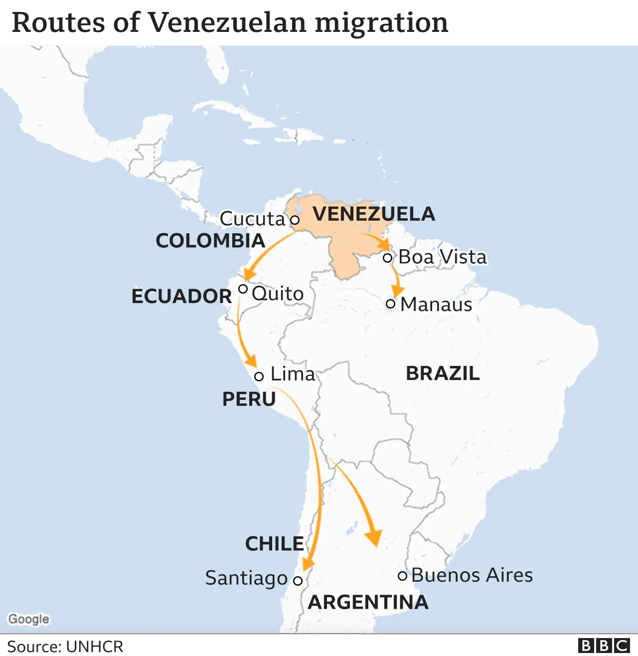 Map showing the routes of Venezuelan migration