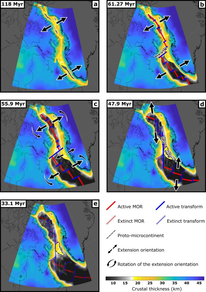 The proposed plate tectonic model in GPlates overlain with the present-day crustal thickness data.