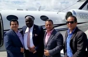 This photo is believed to have been taken on 22 June as Pastor Christian Sanon prepared to board a private plane to fly to Haiti with his partner Antonio Intriago of CTU Security. From left to right, Walter Vientemilla, Worldwide Capital, Christian Sanon, Arcangel Pretel, Antonio Intriago and another unknown man.