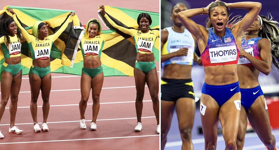 Gabby Thomas (R) won gold in the 200m, which marked the first time since 1976 that no Jamaican woman medalled in the sprint events at the Olympics. Image: Getty
