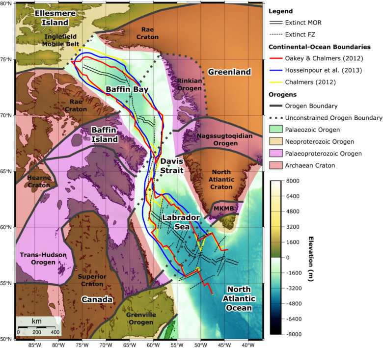 Bathymetry map of the Northwest Atlantic. Previous interpretations of the boundaries between the continental ocean are also shown.