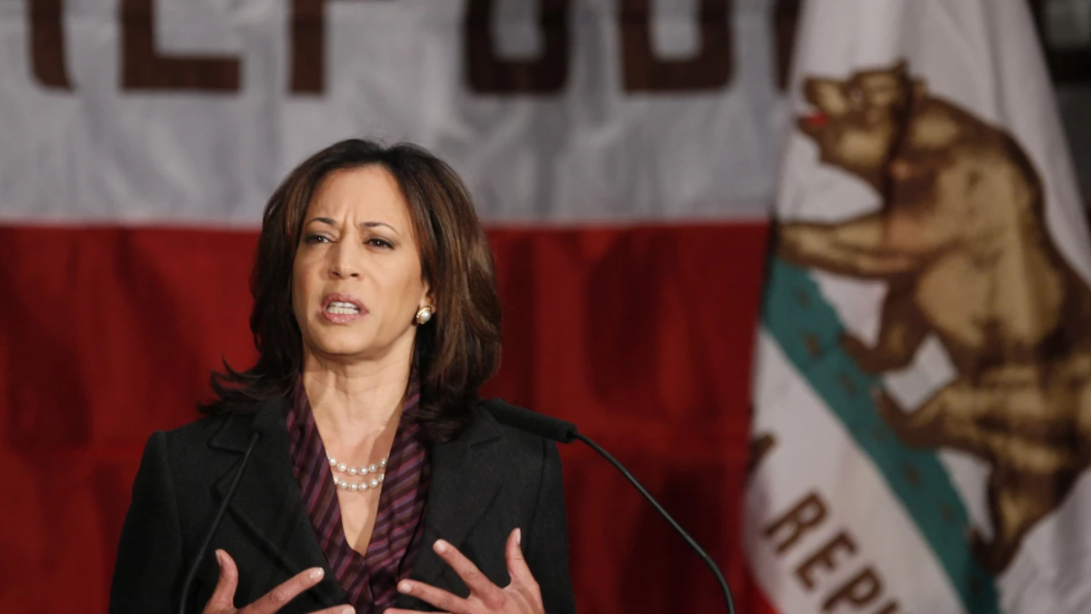 Then-California Attorney General Kamala Harris gives a news conference in Los Angeles on Nov. 30, 2010.