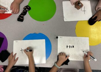 An overhead view of young kids writing on whiteboards