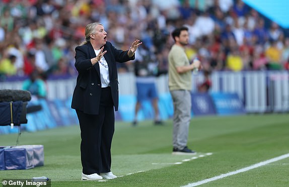 PARIS, FRANCE - AUGUST 10: Emma Hayes, Head Coach of Team United States reacts during the Women's Gold Medal match between Brazil and United States of America during the Olympic Games Paris 2024 at Parc des Princes on August 10, 2024 in Paris, France. (Photo by Carl Recine/Getty Images)