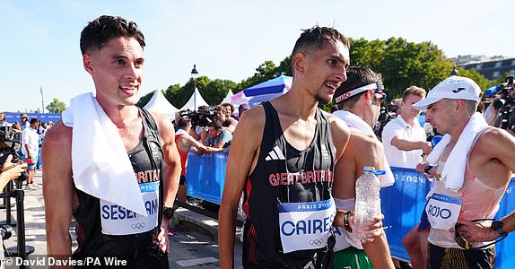 Great Britain's Philip Sesemann and Emile Cairess at the finish of the Men's Marathon on the fifteenth day of the 2024 Paris Olympic Games in France. Picture date: Saturday August 10, 2024. PA Photo. Photo credit should read: David Davies/PA Wire.RESTRICTIONS: Use subject to restrictions. Editorial use only, no commercial use without prior consent from rights holder.