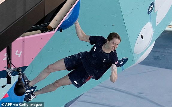 An overview shows Britain's Erin McNeice reacting as as she competes in  the women's sport climbing boulder final during the Paris 2024 Olympic Games at Le Bourget Sport Climbing Venue in Le Bourget on August 10, 2024. (Photo by Christophe ENA / AFP) (Photo by CHRISTOPHE ENA/AFP via Getty Images)