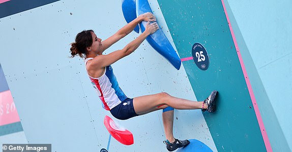 PARIS, FRANCE - AUGUST 10: Oriane Bertone of Team France climbs during the Women's Boulder & Lead, Final Boulder on day fifteen of the Olympic Games Paris 2024 at Le Bourget Sport Climbing Venue on August 10, 2024 in Paris, France. (Photo by Michael Reaves/Getty Images)