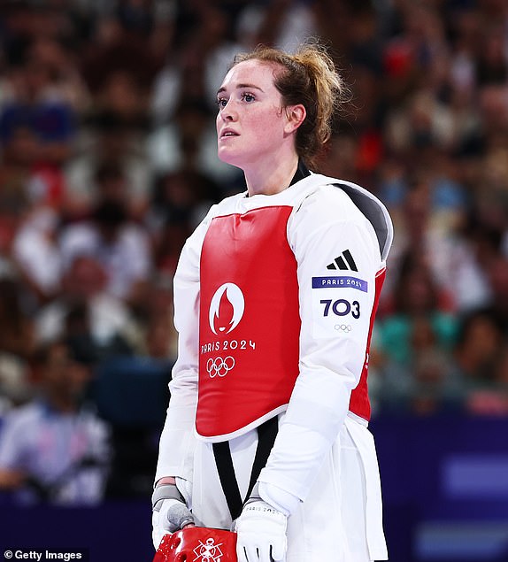 PARIS, FRANCE - AUGUST 10: Rebecca McGowan of Team Great Britain reacts after losing the Women's +67kg Quarterfinal match against Svetlana Osipova of Team Uzbekistan (not pictured) on day fifteen of the Olympic Games Paris 2024 at Grand Palais on August 10, 2024 in Paris, France. (Photo by Buda Mendes/Getty Images)