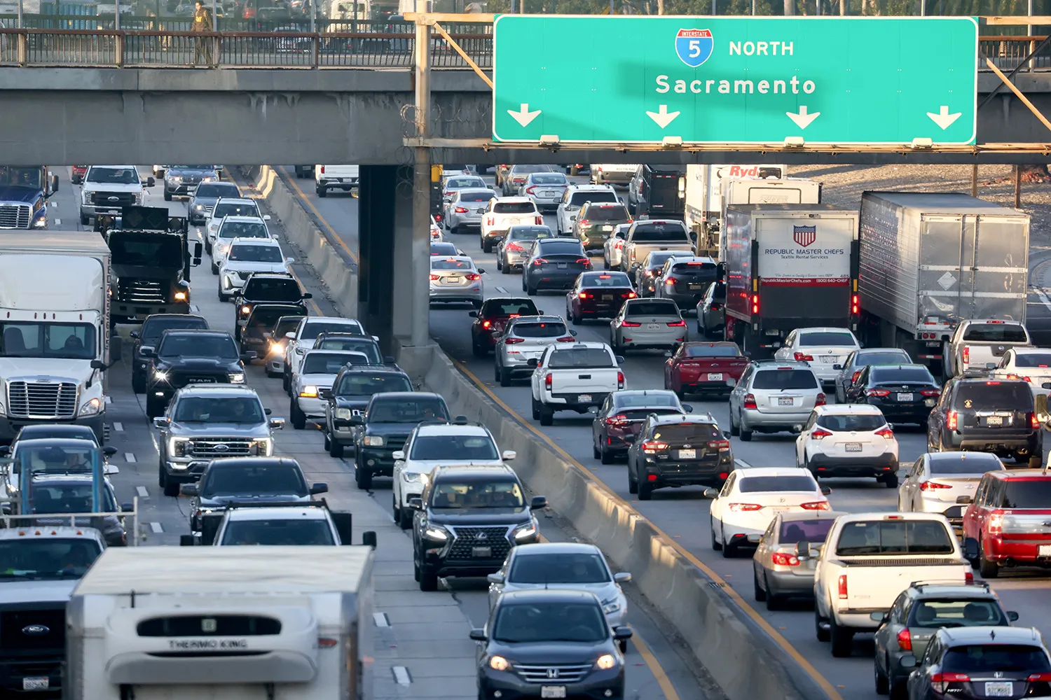 Heavy traffic moves along Interstate 5 in Los Angeles on Nov. 23, 2022.