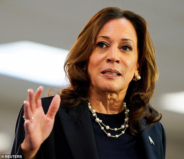 Trump criticized the Vice President's immigration record, claiming she had been Biden's 'border czar' and saying she oversaw a huge rise in unauthorized crossings after being put 'in charge' of the Mexico -US border. Pictured: Kamala Harris at a campaign event on August 8