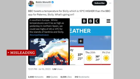 Screenshot of a tweet alleging discrepancies in the BBC's reporting of high temperatures in Europe