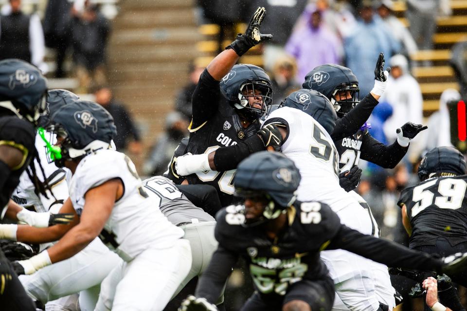 Colorado's special teams tries to deflect a field goal attempt during a Colorado football spring game at Folsom Field in Boulder, Colo., on Saturday, April 27, 2024.