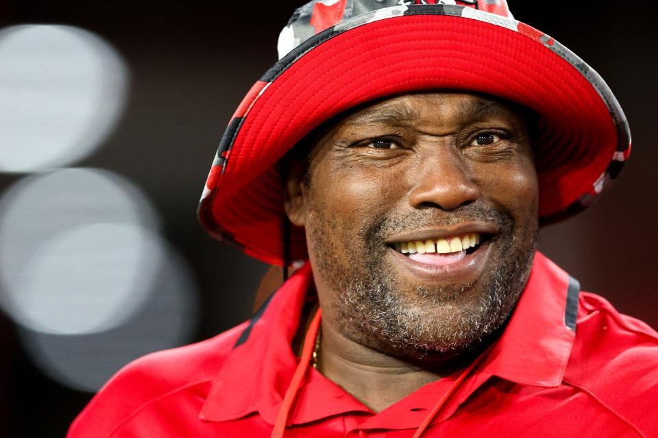 Dec 5, 2022; Tampa, Florida, USA; former Tampa Bay Buccaneers Warren Sapp looks on from the sidelines before a game against the New Orleans Saints at Raymond James Stadium. Mandatory Credit: Nathan Ray Seebeck-USA TODAY Sports