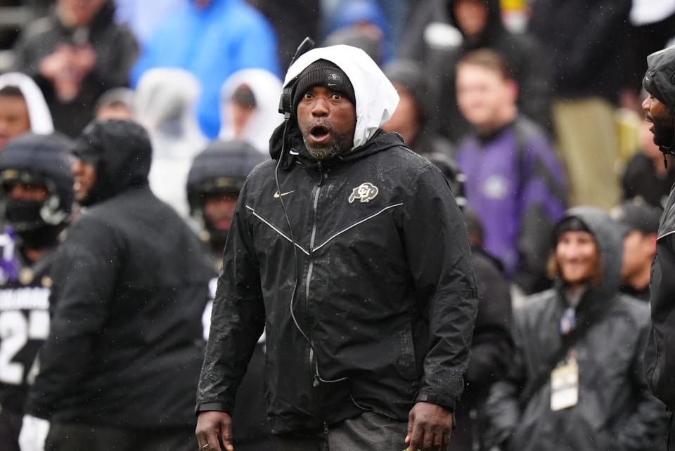 Apr 27, 2024; Boulder, CO, USA; Colorado Buffaloes defensive line coach Warren Sapp reacts on the sideline during a spring game event at Folsom Field. Mandatory Credit: Ron Chenoy-USA TODAY Sports