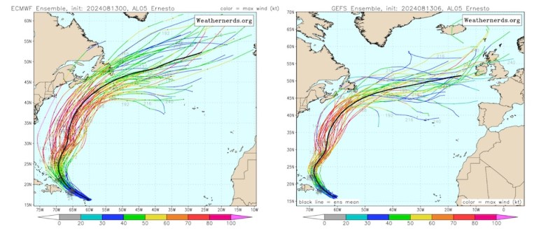 Track forecasts show Ernesto moving east of the U.S. Atlantic Coast.