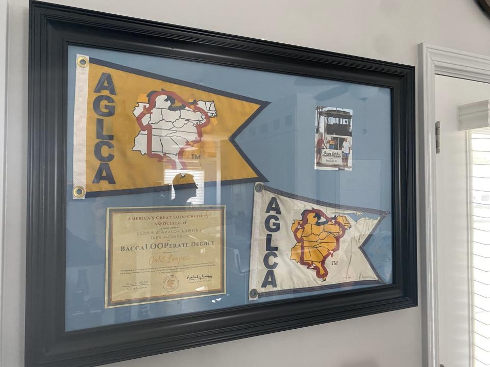 BaccaLOOPerate degree from America’s Great Loop Cruisers’ Association (AGLCA) as recognition for the completion of their journey and flags used during the trip.