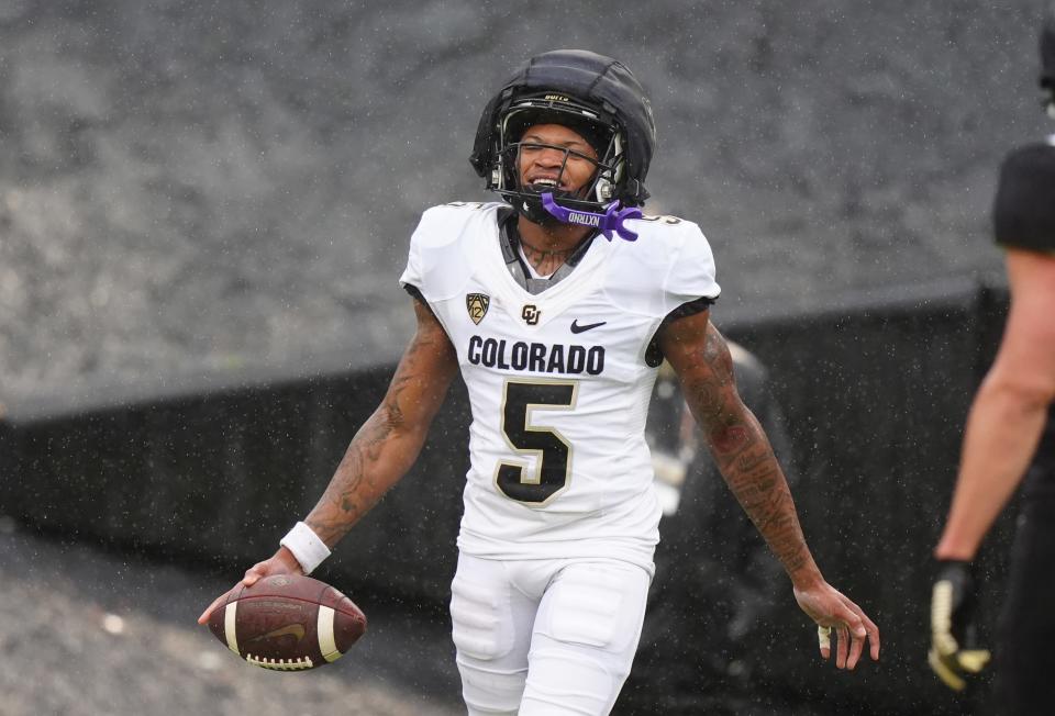 Apr 27, 2024; Boulder, CO, USA; Colorado Buffaloes wide receiver Jimmy Horn Jr. (5) celebrates his kick off return during a spring game event at Folsom Field. Mandatory Credit: Ron Chenoy-USA TODAY Sports