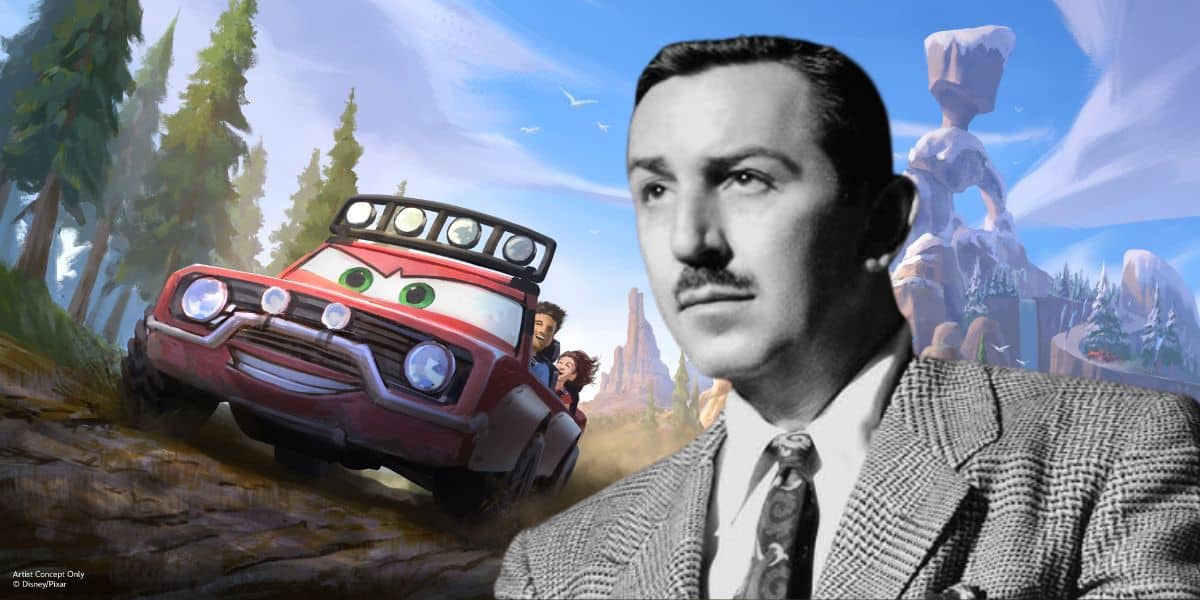 A black and white photo of Walt Disney in a suit and tie with a mustache is superimposed on a colorful animated background. The scene, reminiscent of a Walt Disney project, depicts a smiling animated car with people inside racing through a mountainous landscape on a bright day.