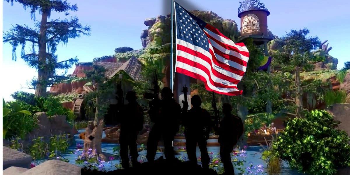 Silhouetted soldiers stand on a hill in front of an American flag. The background is an overgrown, abandoned jungle with a rundown treehouse and other structures, evoking a surreal and patriotic atmosphere reminiscent of Splash Mountain log flume ride that is no more.