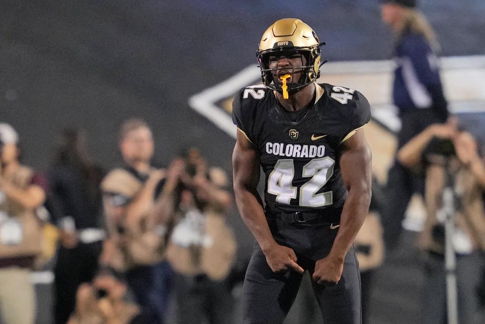 Sep 16, 2023; Boulder, Colorado, USA; Colorado Buffaloes linebacker Jeremiah Brown (42) reacts after a fumble against the Colorado State Rams during the first half at Folsom Field. Mandatory Credit: Andrew Wevers-USA TODAY Sports