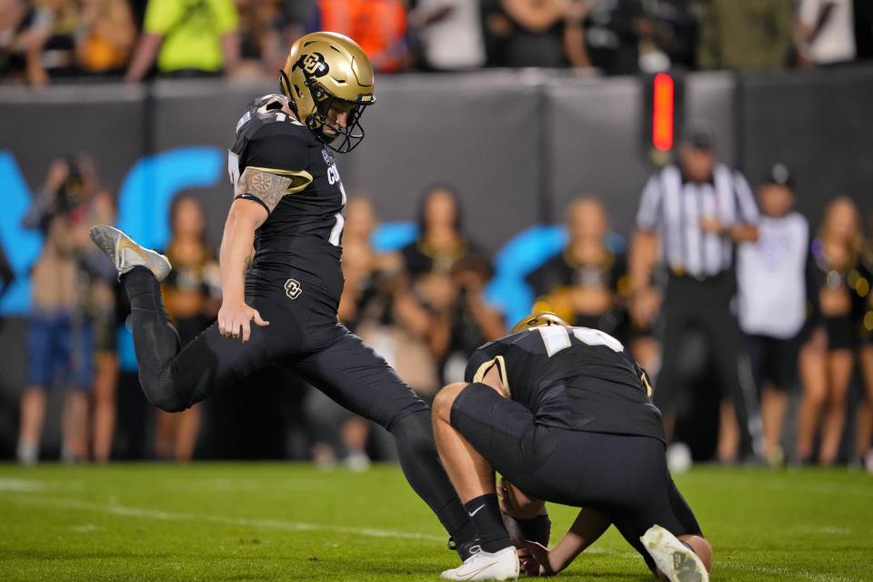 Sep 16, 2023; Boulder, Colorado, USA; Colorado Buffaloes place kicker Jace Feely (17) kicks the ball against the Colorado State Rams during the first half at Folsom Field. Mandatory Credit: Andrew Wevers-USA TODAY Sports