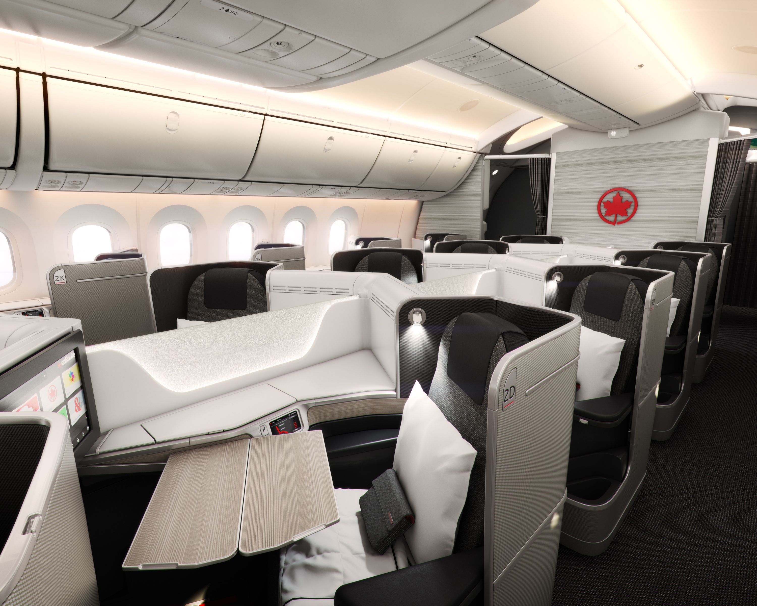 Seating pods in the business class cabin of an Air Canada Boeing 787