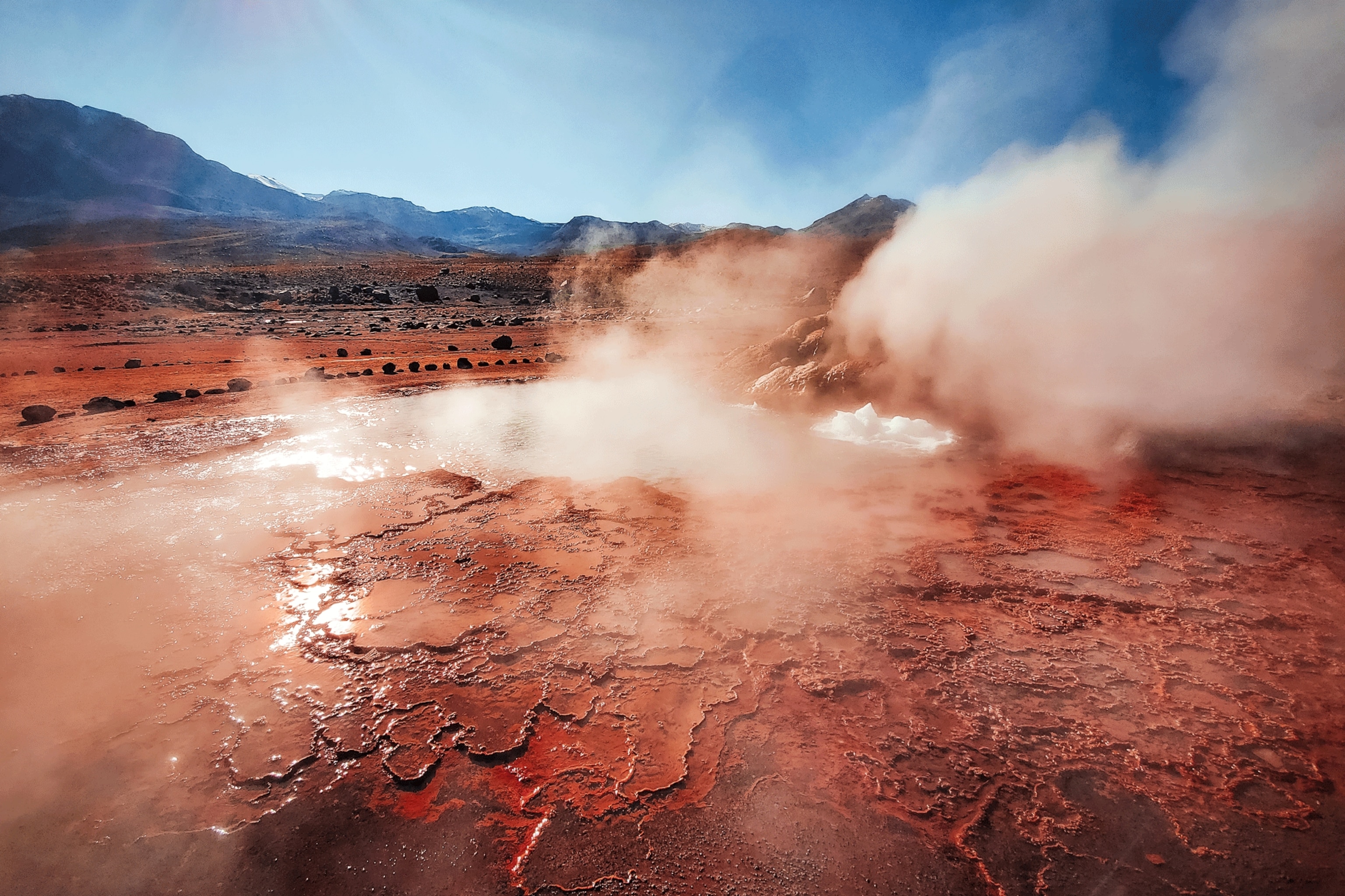 El Tatio covers an area of 12 square miles, with geysers, boiling water fountains, hot springs and mud volcanoes seeping steam across its expanse. Many operators run day tours here, especially during the early morning hours when the geysers are most active.