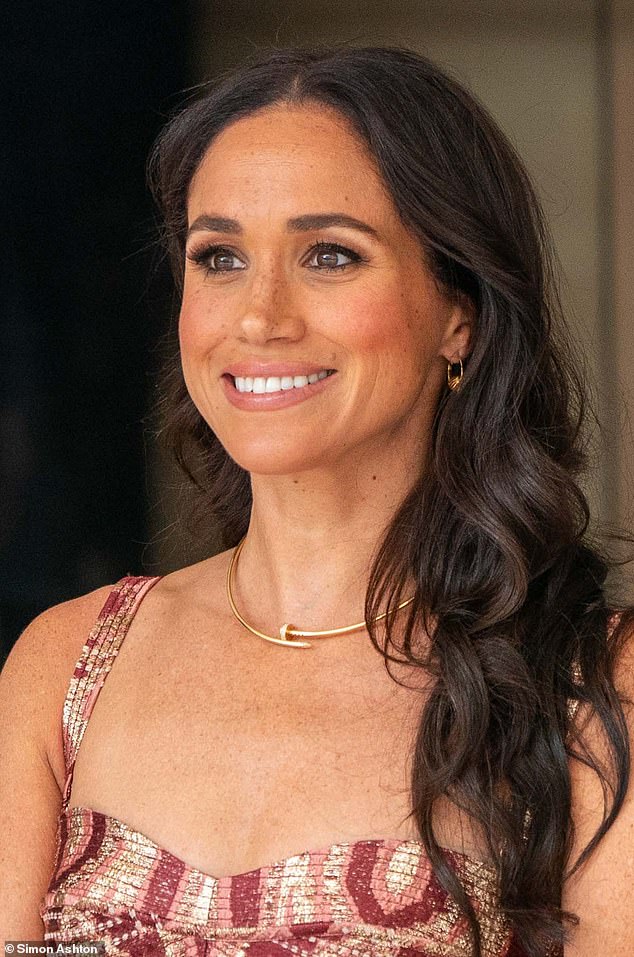 Meghan was pictured wearing her £12,800 Cartier Juste Un Clou necklace in yellow gold with her £150 gold Lanvin Arpège Sleeper Earrings