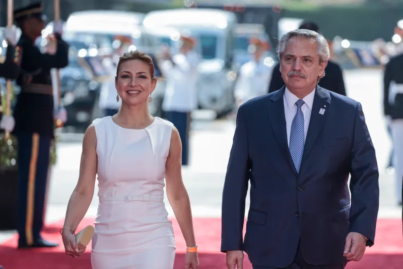 Then-Argentine President Alberto Fernández and First Lady Fabiola Yáñez arrive at the Microsoft Theater for the opening ceremonies of the 9th Summit of the Americas in Los Angeles on June 8, 2022.