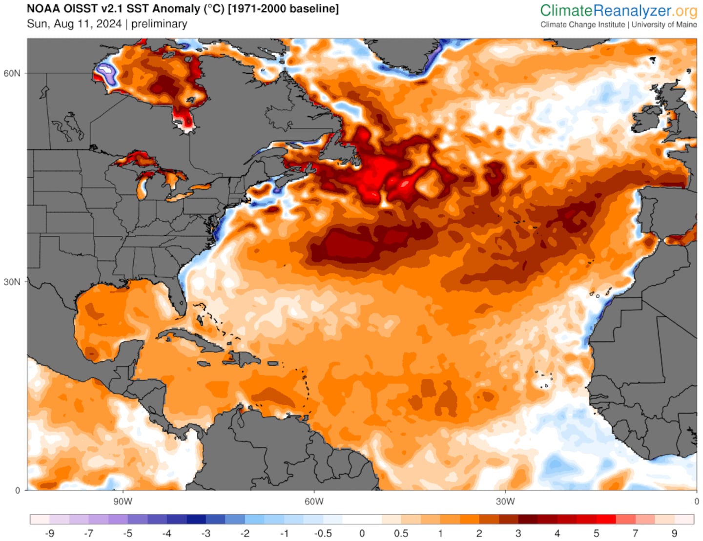 Sea surface temperatures across the Northern Atlantic continue to be 1 to 3 degrees above average. Very warm waters near Bermuda may keep Ernesto a hurricane for longer.