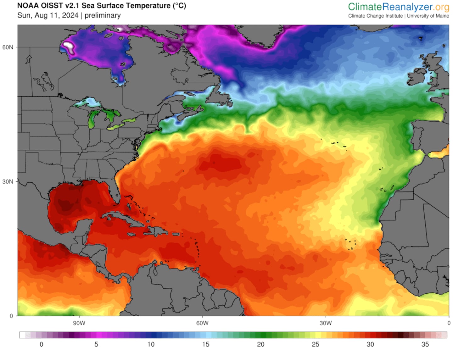 Very warm water persists just south and southeast of New England, where the yellow and orange indicate sea surface temperatures suitable to keep tropical systems intact.