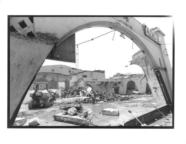 The Whittier Theater as it is being demolished after the Whittier Narrows earthquake. (Courtesy Whittier Museum)