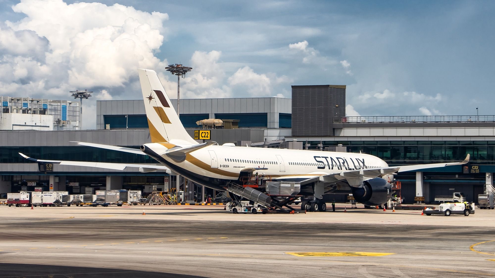 STARLUX Airlines Airbus A350-900 in Singapore shutterstock_2230278035