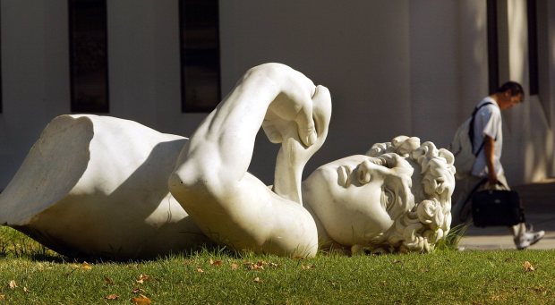 This replica of Michaelangelo's statue of David was originally installed at Forest Lawn, until it toppled and broke in the Whittier Narrows earthquake, and was subsequently donated to Cal State Fullerton. (Photo by Bruce Chambers, Orange County Register, 2002)