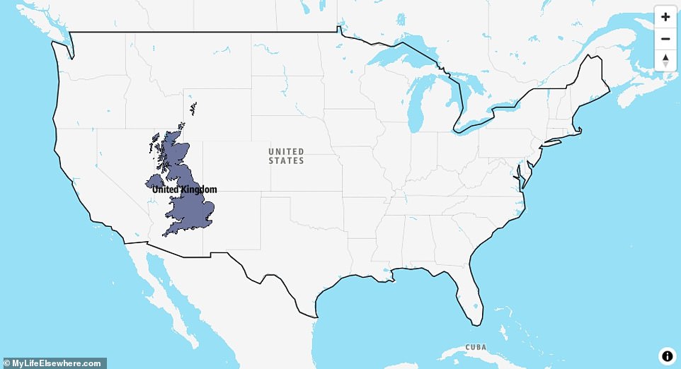 The United States (9,833,517 sq km) is about 40 times bigger than the United Kingdom (243,610 sq km), with 269million more people living there