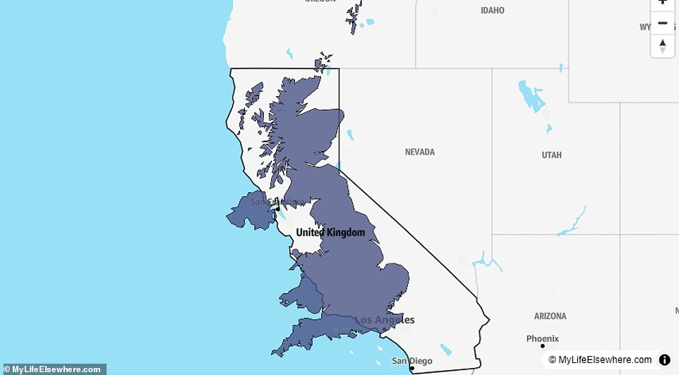 California is about 1.7 times bigger than the United Kingdom, with the former covering 403,882 sq km