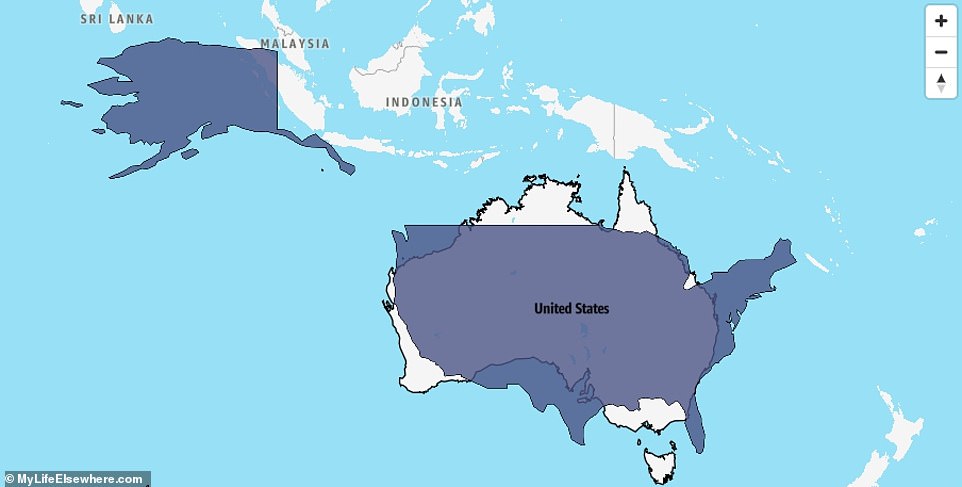 Australia is 78.72 per cent the size of the United States, or 1.3 times smaller