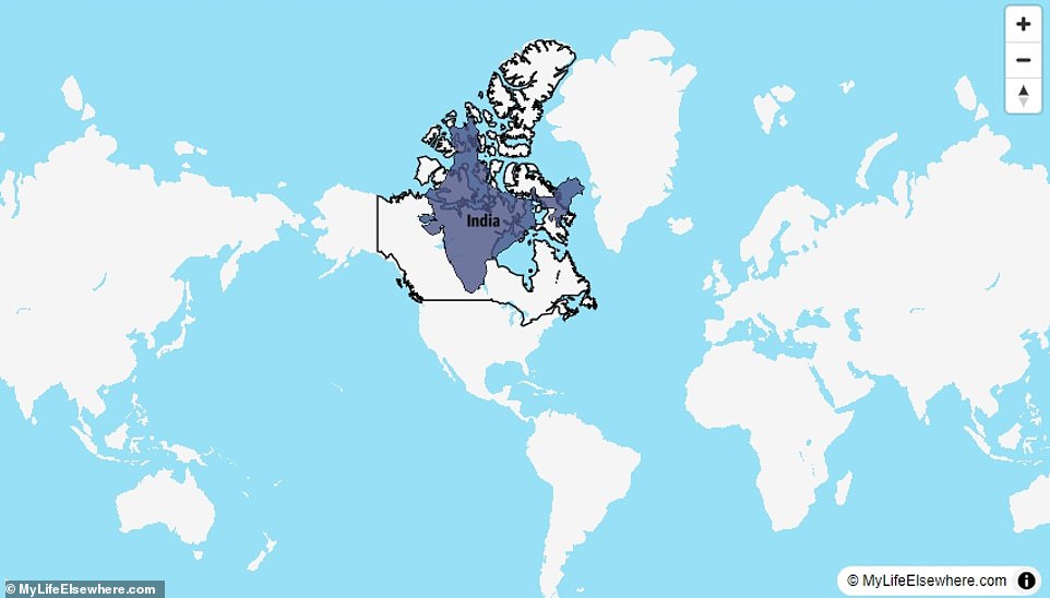 Canada is 204 per cent larger than India, though there are 1.4billion fewer people there